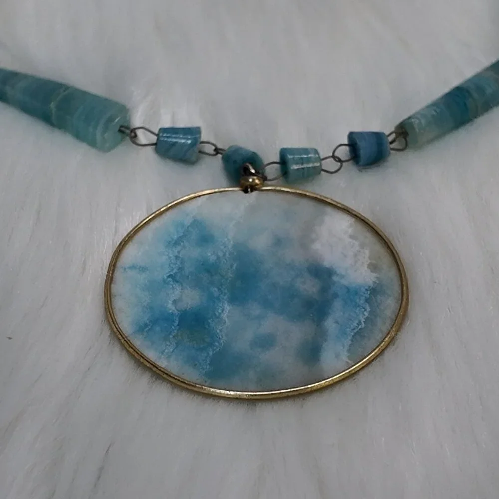 Carved AZTEC SunTurquoise Agate Stone Branded Pendant Necklace 15"L - Picture 5 of 11